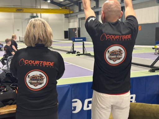 View of two back wearing Hybrid Team Tournament t-shirts celebrating